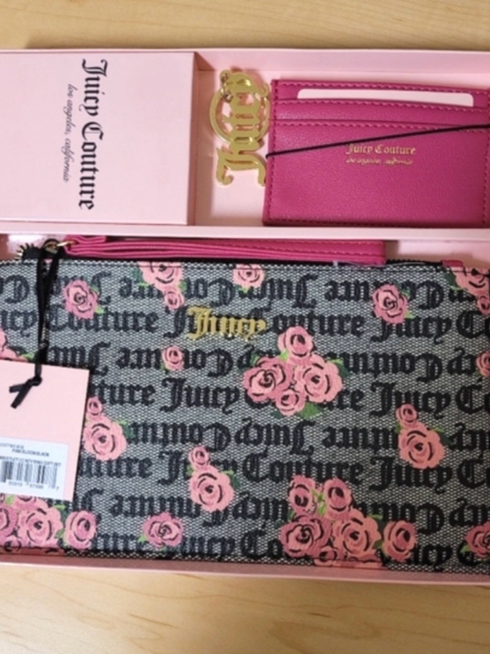 Juicy Couture Pink Rose Logo Zip Wristlet & Card Holder Set